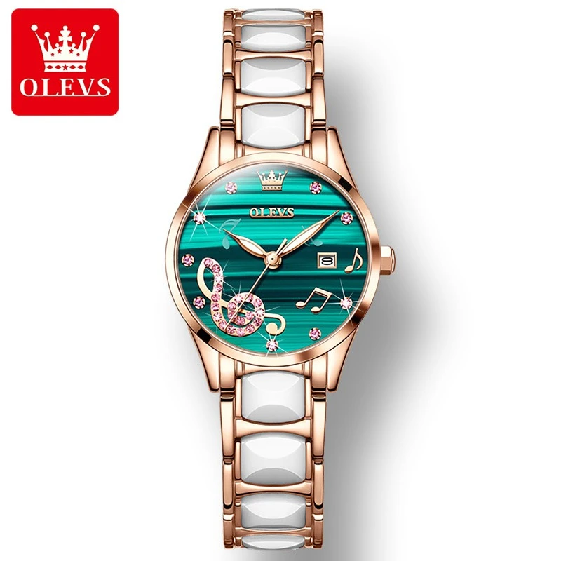 OLEVS 3605 Fashion Quartz Watch Gift Round-dial Ceramic Watchband Wristwatch Calendar Luminous