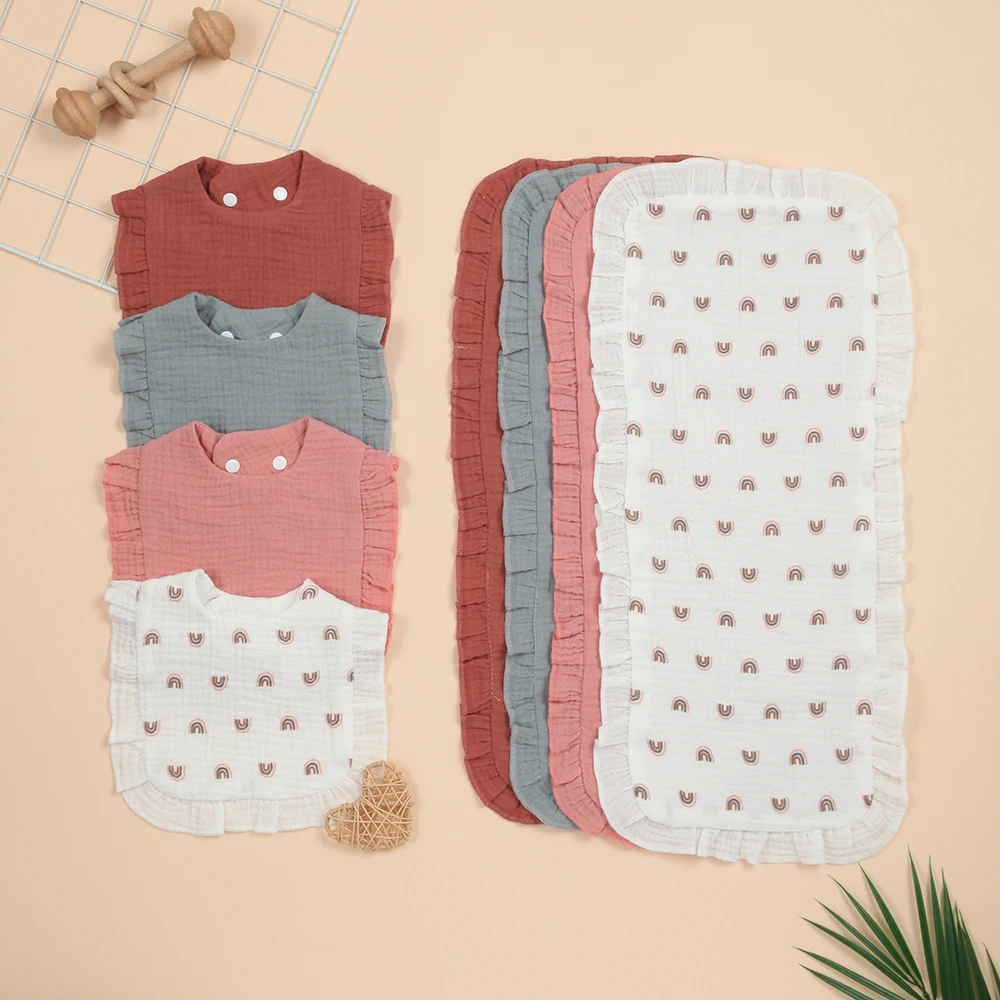 

4 Pcs Newborn Burp Cloths with Adjustable Baby Bibs, Soft Cotton and Absorbent, Cute Ruffle Design
