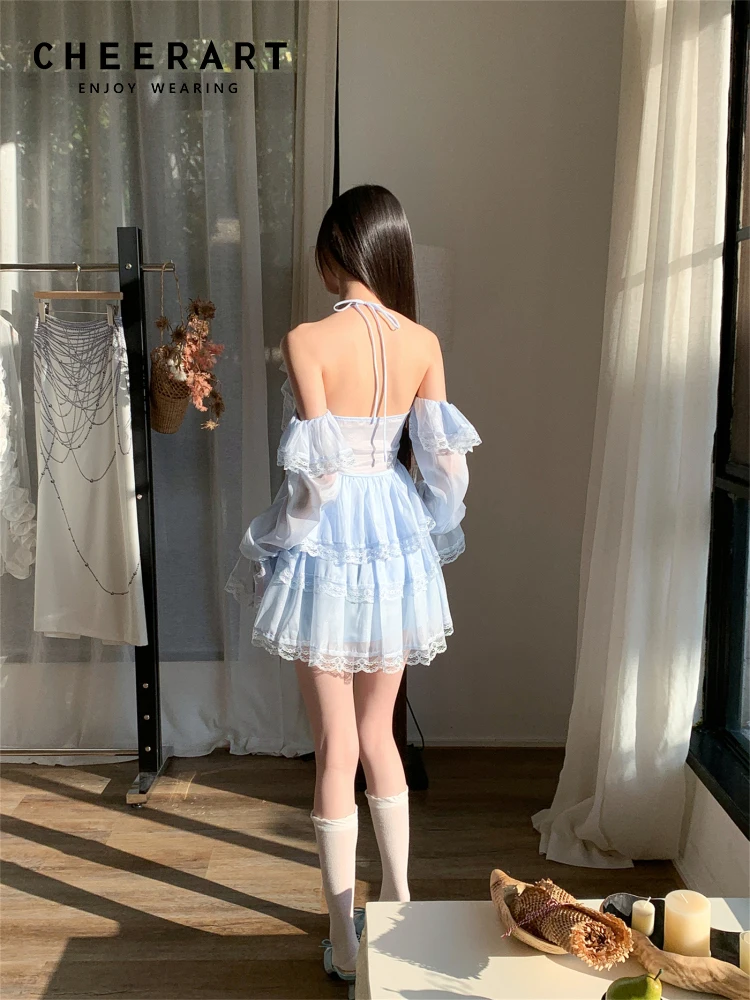 CHEERART Birthday Dresses Luxury 2024 Backless Ruffles Lace Blue Halter Short Dresses Summer Evening Party Designer Clothes