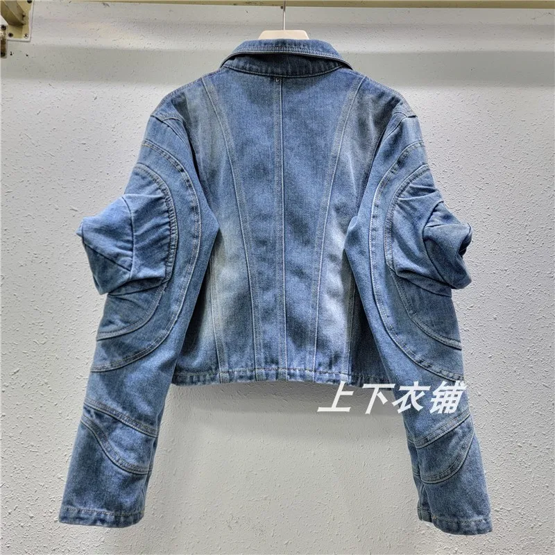 Spring Autumn Women Vintage Washed Blue Short Denim Jacket Zipper Decoration Lapel Chic Puff Sleeve Eans Jacket Coat Streetwear