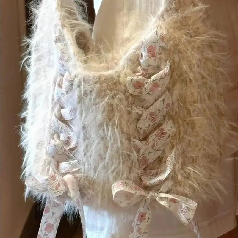 Bloom Fairycore Pink Shoulder Bags Women Sweet Lace Bow Chic Knitted Female Vintage Cute Underarm Bag Handbag Aesthetic