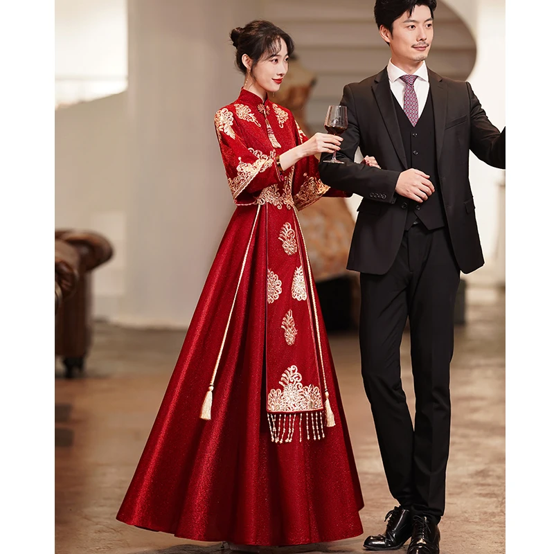 

New 2026 Bridal Red Wedding Dr Chinese Sle Wine Serving Costume Summer Return Home High-End Sensation Long Sve