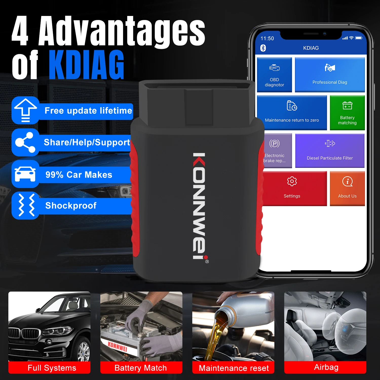 Car OBD2 Scanner KONNWEI KDIAG Full System Car Code Reader Diagnostic Tool Oil Reset Battery Match Resets OBD2 Bluetooth Scanner