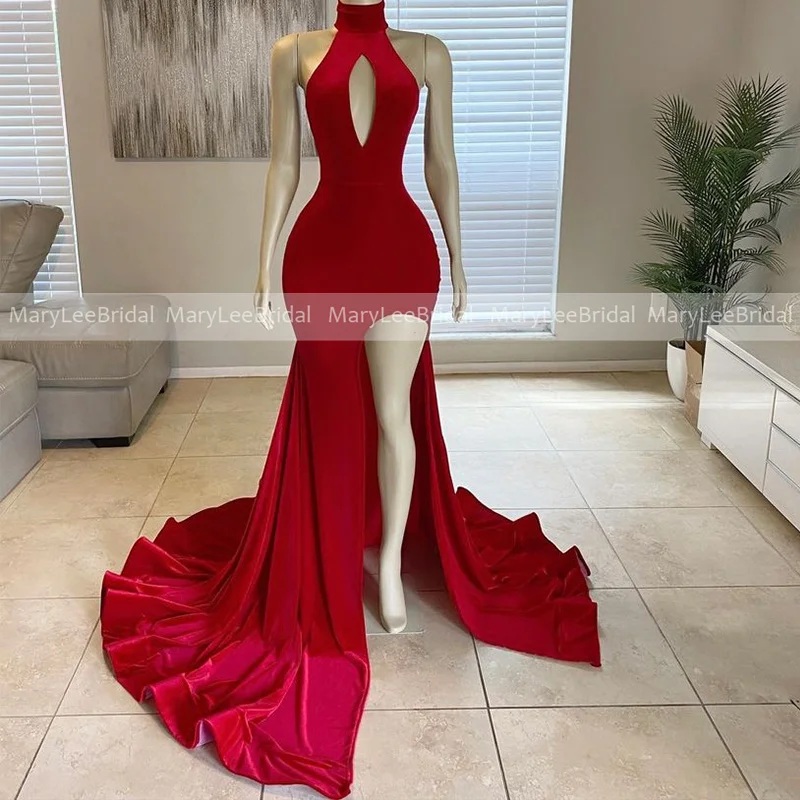 Red High Neck Mermaid Prom Dresses with Keyhole Sexy Velvet Side Split Maxi Evening Dress Dubai Formal Party Gown for Black Girl