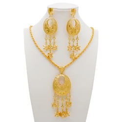 India Dubai Bridal Jewelry Sets Pendant Necklace Earrings Women Wedding 24k Gold Color Plated African Bride Party Gift