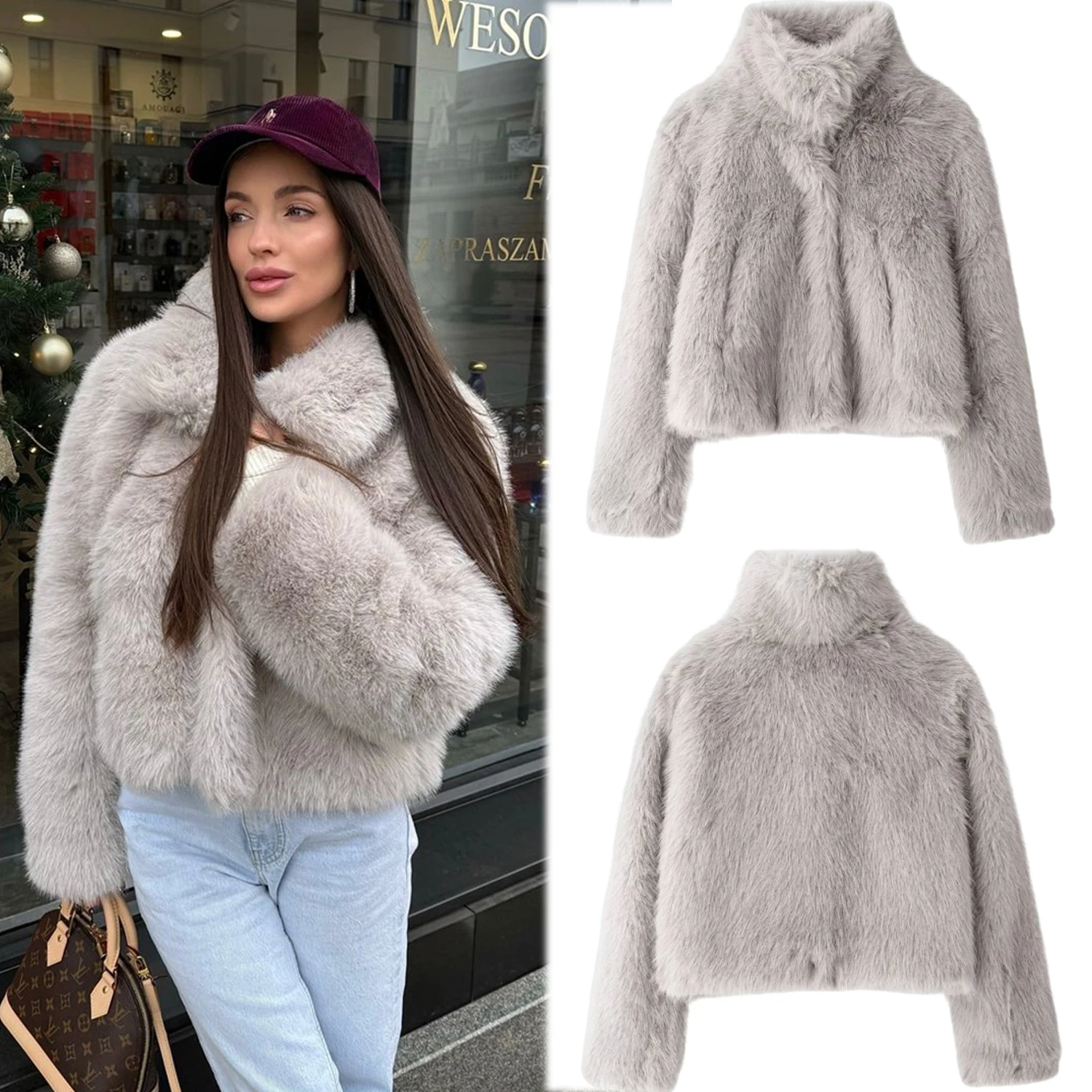 

Women's 2024 Autumn/Winter New Coat with Collar and Artificial Fur Effect Solid Color Commuting Style Short Coat