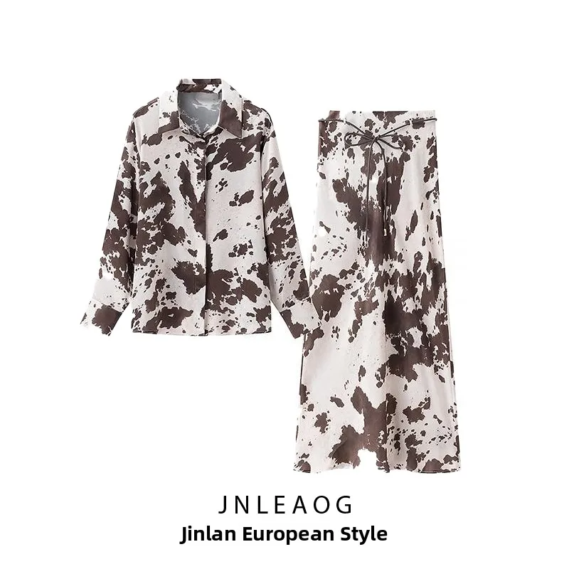 Jesienna spódnica midi z satyny jedwabnej w zwierzęcy wzór, damska moda francuska, długa, elegancka, biznesowa, codzienna, luźna bluzka