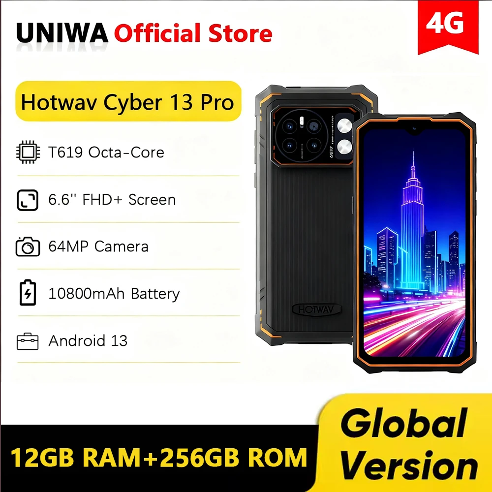 HOTWAV Cyber 13 Pro Rugged Phone 10800mAh Battery 12GB+256GB Mobile Phone 64MP Camera 6.6'' FHD+ 2K Smartphone Android 13 NFC