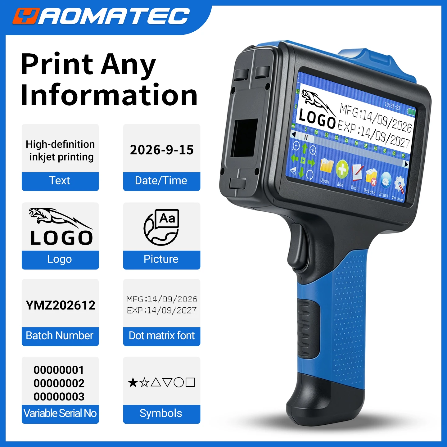 Yaomatec 1790 12.7mm Print Height Date Batch Number Box Spec Carton Marking Coder Handheld Inkjet Printer for Cardboard Box