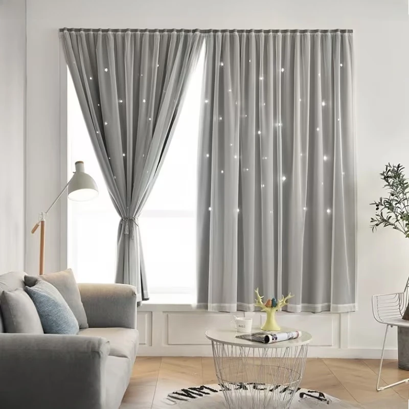 1PC Star Hollow Double Layer Blackout Curtain Self‑Adhesive Window Drapes No Drill for Bedroom Living Room Home Window Decor