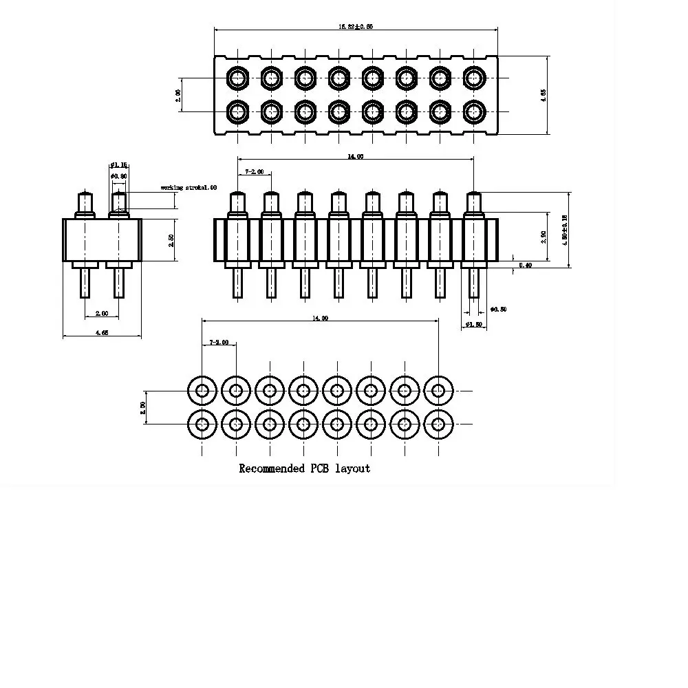 Customized, 16-pin  double rows 2.0mm pitch gold-plated POGO pin or spring loaded  connector