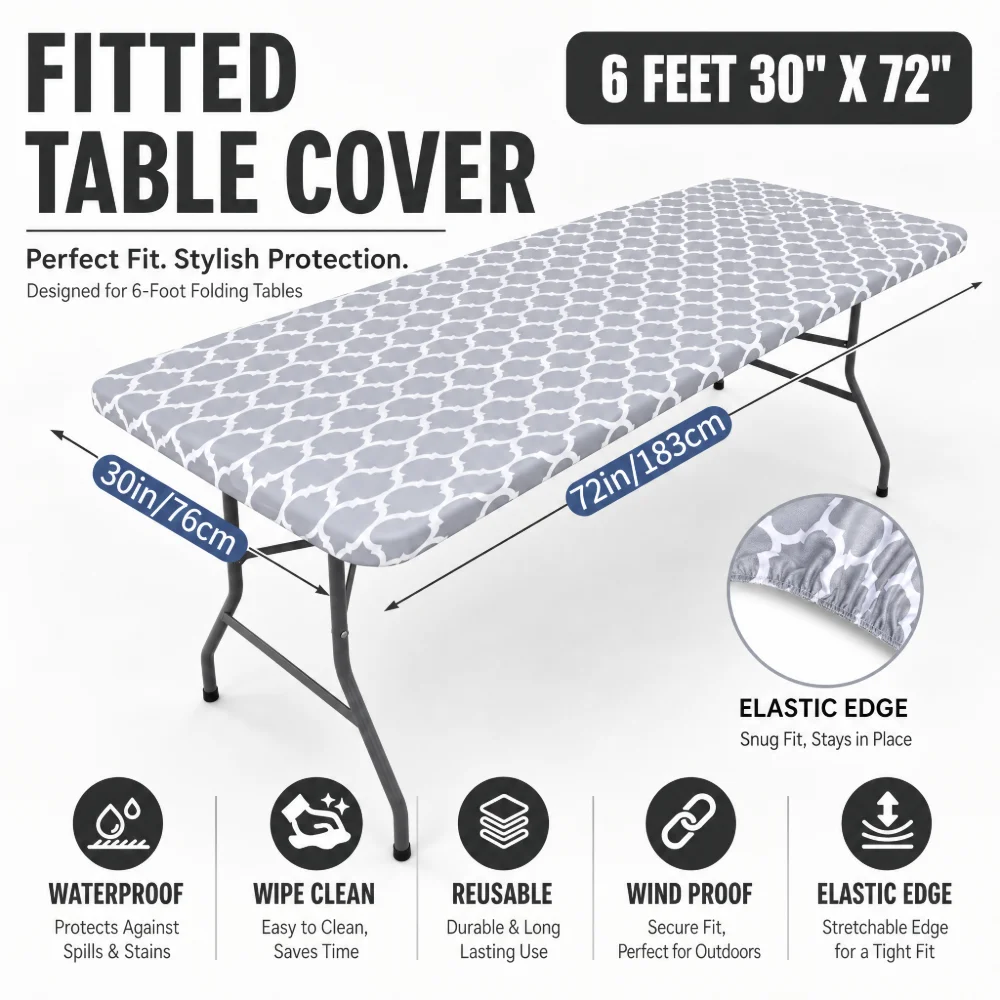 Camp Table Folding - 長方形テーブルクロスカバー、ポリエステル製伸縮性テーブルクロス、6フィートの折りたたみテーブルに適合、ピクニック、キャンプ、アウトドアに最適