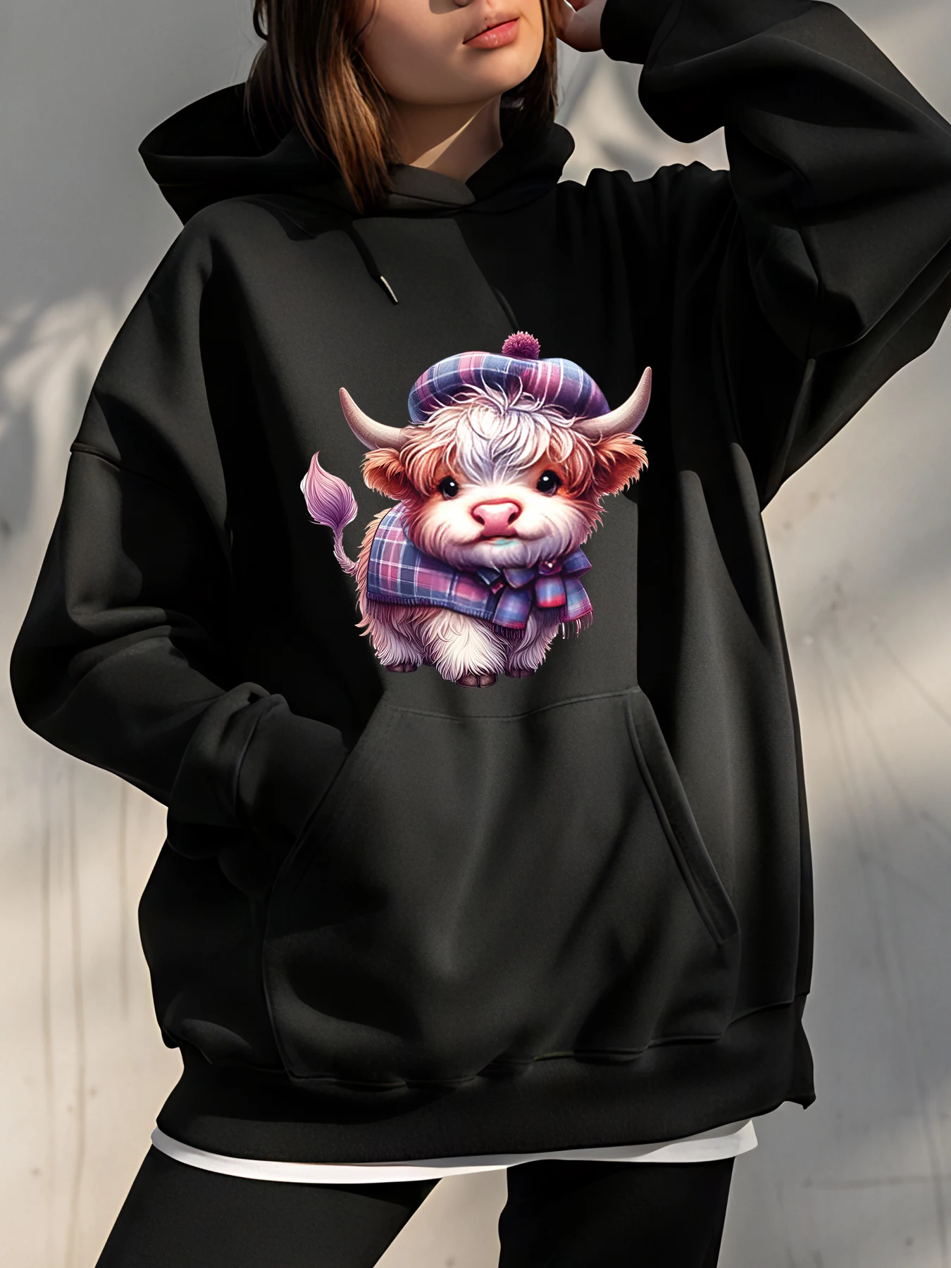 

Cute Highland Cow Print Hoodie Plaid Hat Scarf Design Unisex Casual Sweatshirt for Women Men Autumn Winter Wear