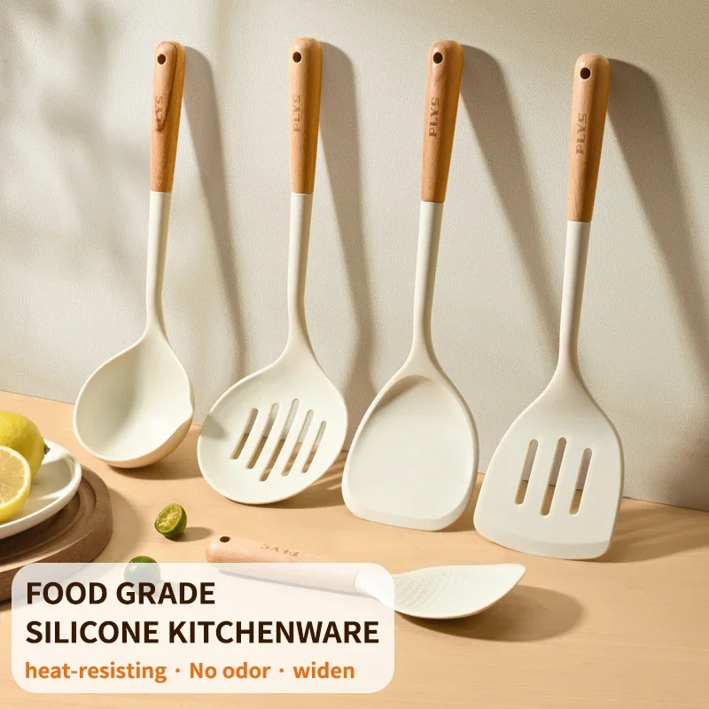 

Silicone kitchenware set, durable hardwood handle, heat resistant tools, non-stick pan long handle porridge spoon Sieve Spatula