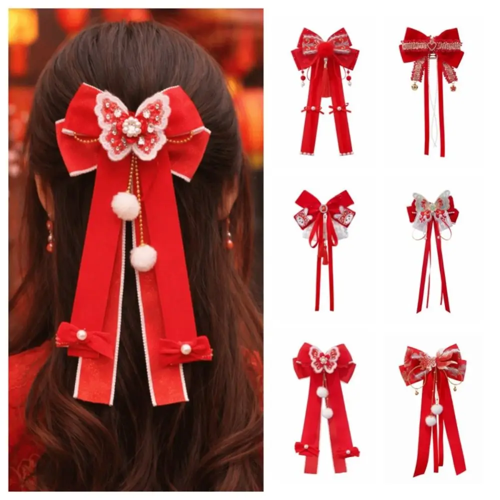 

Cute Red Bow Ribbon Hair Clip Tassel Ribbon New Year Hairpin Pompom Princess Hanfu Hair Ornamen Children's Headwear