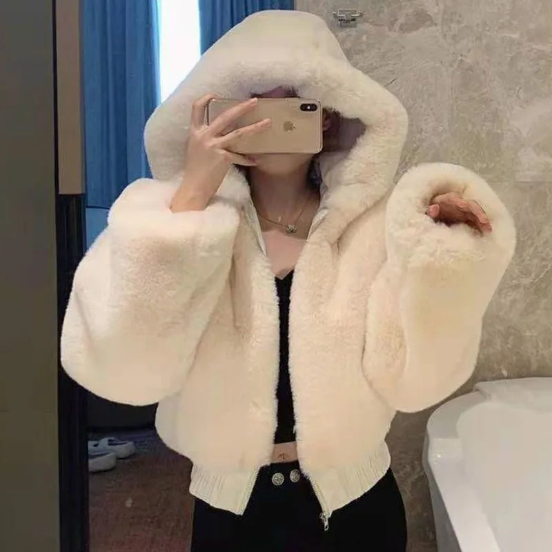 2026 New Short Faux Fur Jacket Women Winter Thicken Warm Imitation Rabbit Hair Outerwear Female Fashion Zip-Up Hooded Plush Coat