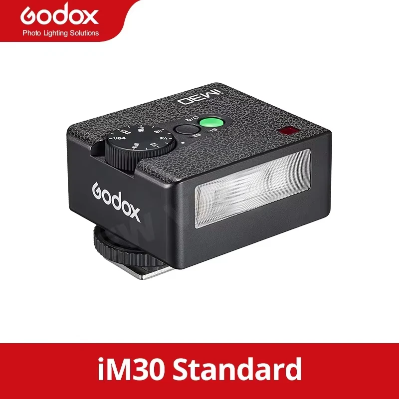 Godox IM30 Speedlite-flitser, witte, blauwe en gele diffuser, softbox en beschermhoes.