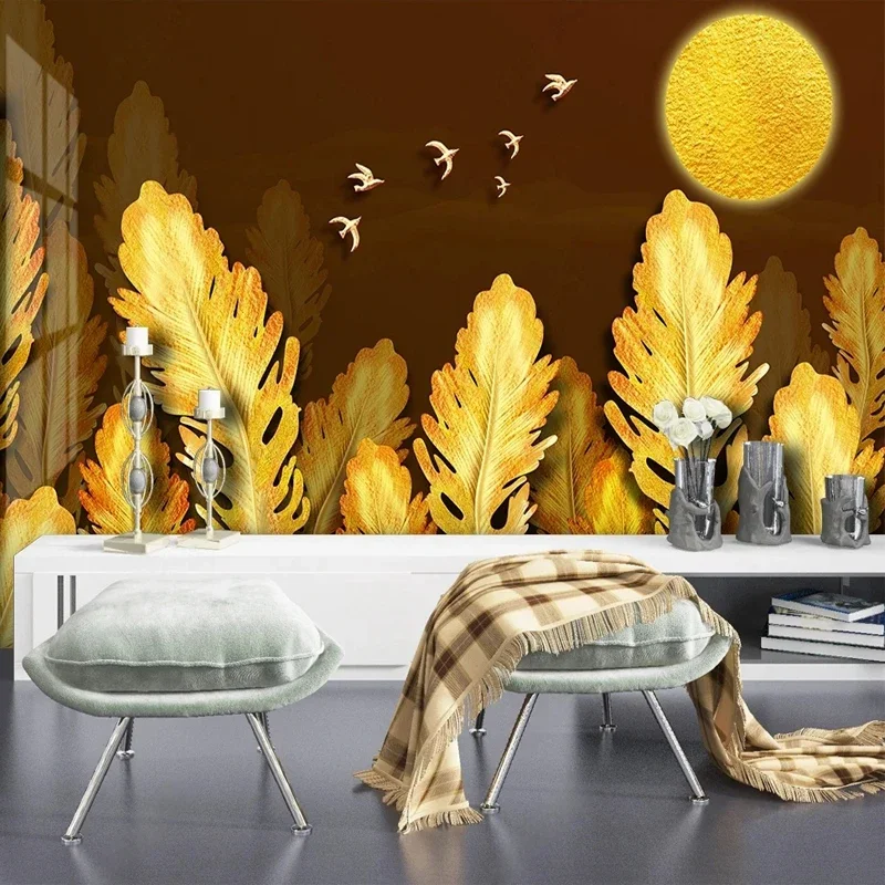 Wallpaper for Wall 3D Stereo Gold Plants Leaves Painting Mural Paper Living Room TV Backdrop Home Decoration Waterproof Canvas