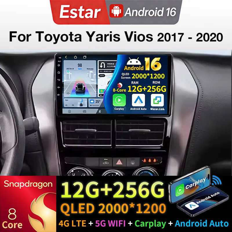 Android 16 Carplay For Toyota Yaris Vios 2017 - 2020 Wifi Multimedia 4G LTE Navigation 360 Camera Car Radio RDS Wireless Auto BT