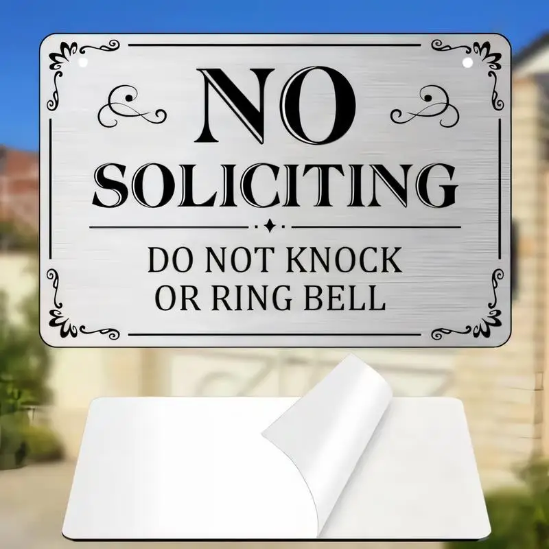 Vintage Silver Metal No Soliciting Sign - Decorative Scroll Border, Do Not Knock/Ring Bell Text, Iron Wall Plaque for Home Front