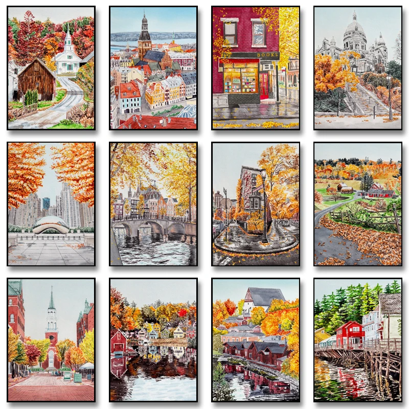 الخريف مابل ليف الملصقات والمطبوعات ، العمارة الحضرية المشهد ، قماش اللوحة ، جدار الفن صور ، شريط المنزل و غرفة الديكور #1