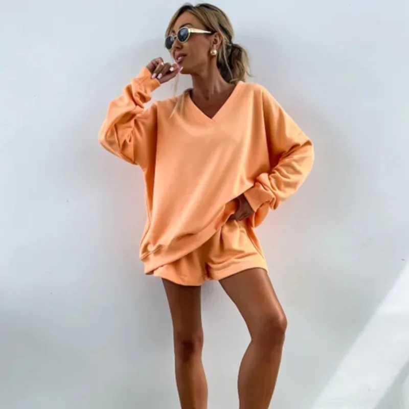 Women Fashion Stripe Print Pajama Suitautumn Spring V-neck Batwing Sleeve Loose Sweatwear & Shorts Set Casual Two Piece Sets