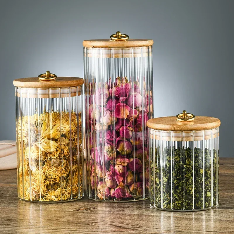 Food Container Kitchen Storage Bottles Jar Glass Airtight Canister Grains Tea Coffee Beans Grains Candy Jars Wood Lid Containers