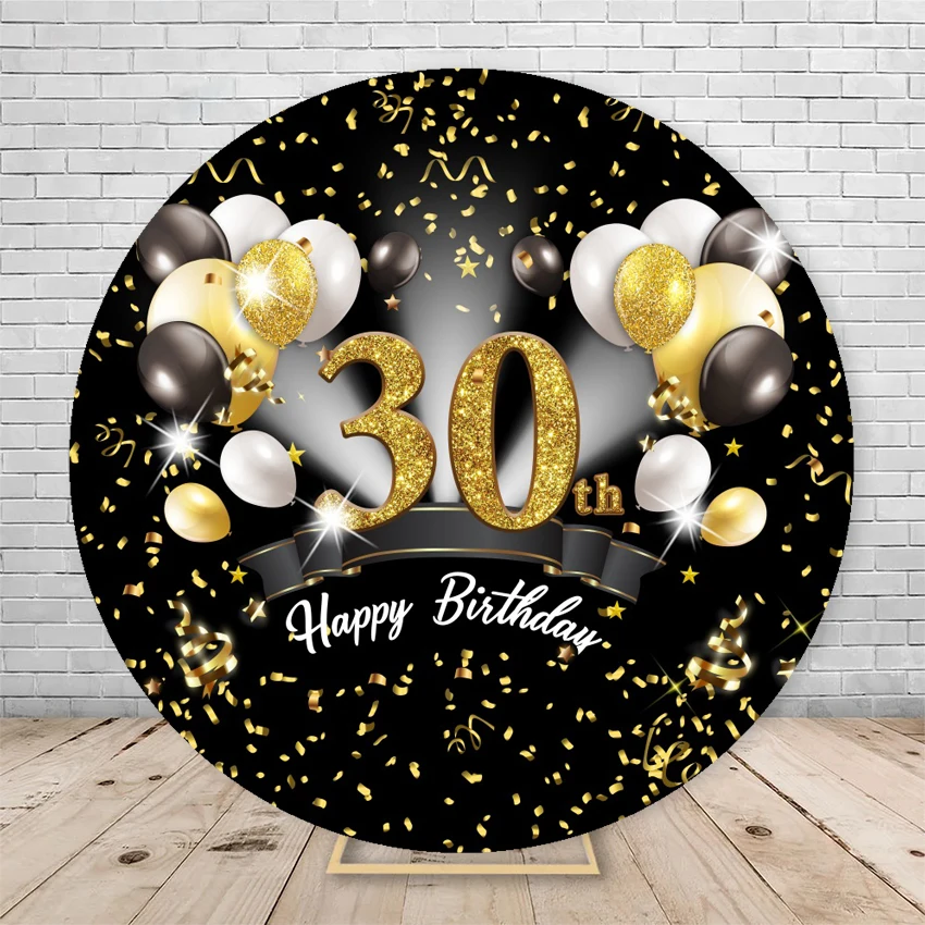 Adult Birthday Round Backdrop Black Golden Glitter Party Decor Photo Photographic Circle Photography Background With Elastic