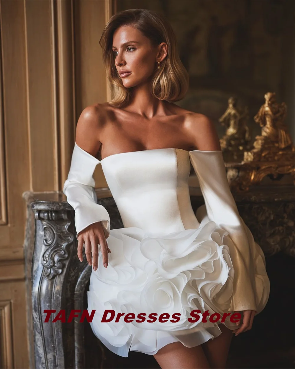 TAFN A-line Short Wedding Party Dresses Off the Shoulder Long Sleeves Mini Pleat Bridal Gown vestidos de novia Custom Customized