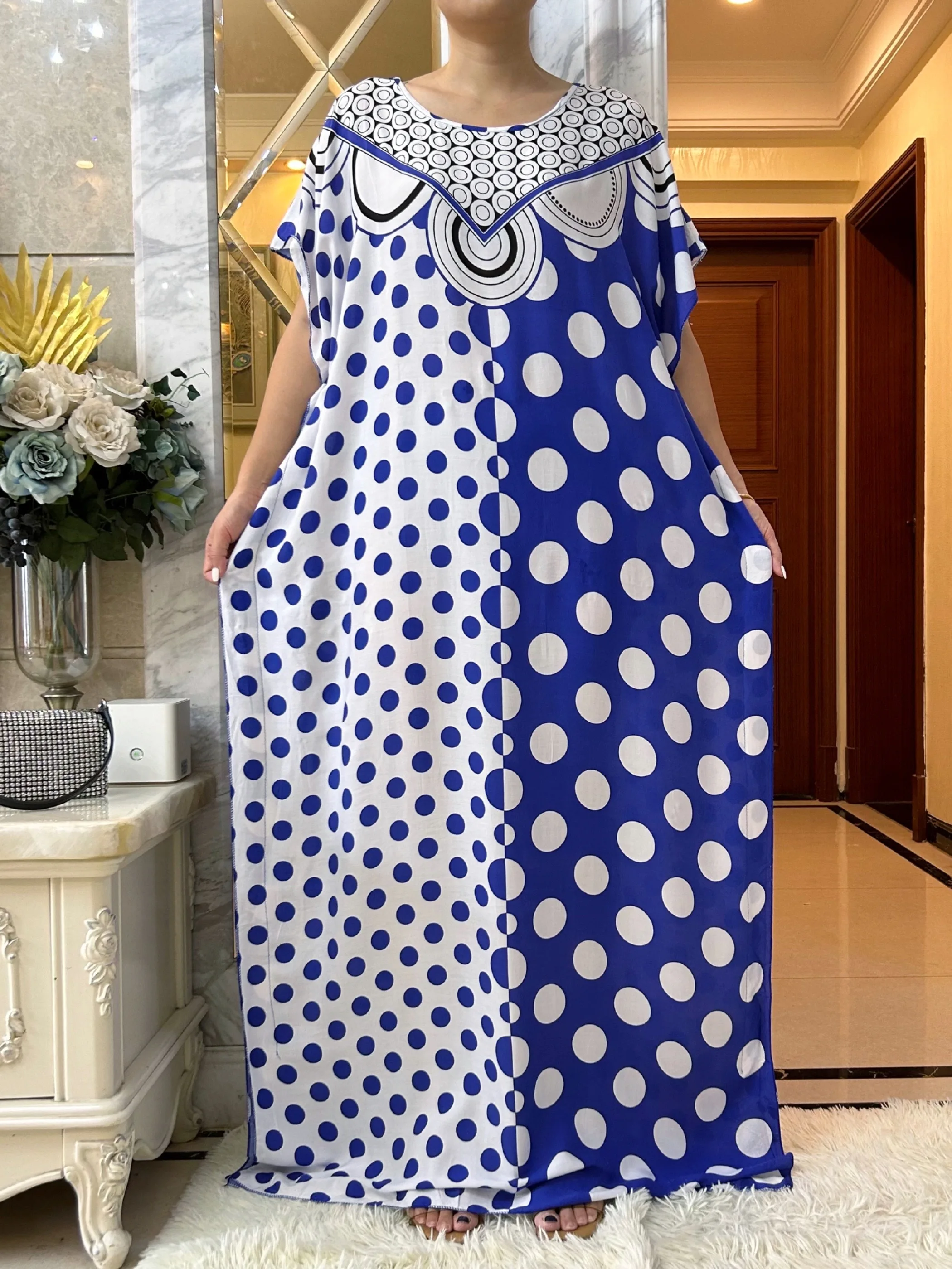 Summer Dress For Women  Printed Appliques Cotton Moroccan Caftan Loose Femme Robe African Nigeria Dresses With Big Lace Scarf