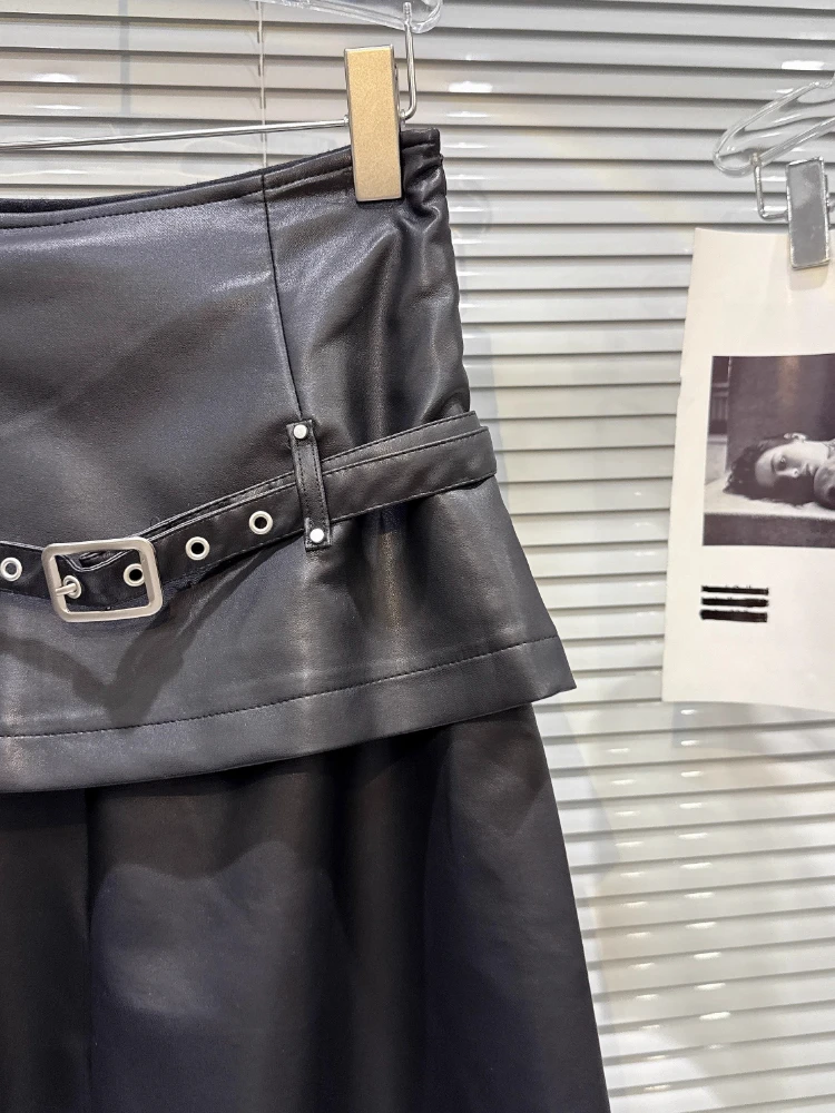 2025 Autumn New Street Style Belted Skirt Fake Two-Piece Wide-Leg Pants Cargo Pants For Women PU Leather Trousers Ladies Trendy