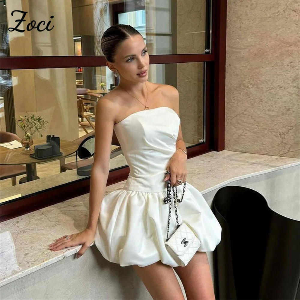 

Zoci Chic Strapless Short Mini Wedding Dresses Satin A Line Sleeveless Puffy Bride Dress Customized Backless Wedding Party Gown