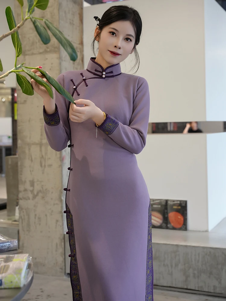 

Шелк Xii Linglong: Новая осенняя коллекция, простой светло-фиолетовый китайский ретро-стиль, стройнящий, теплый, из смесовой шерсти Tianli Australia Fa...