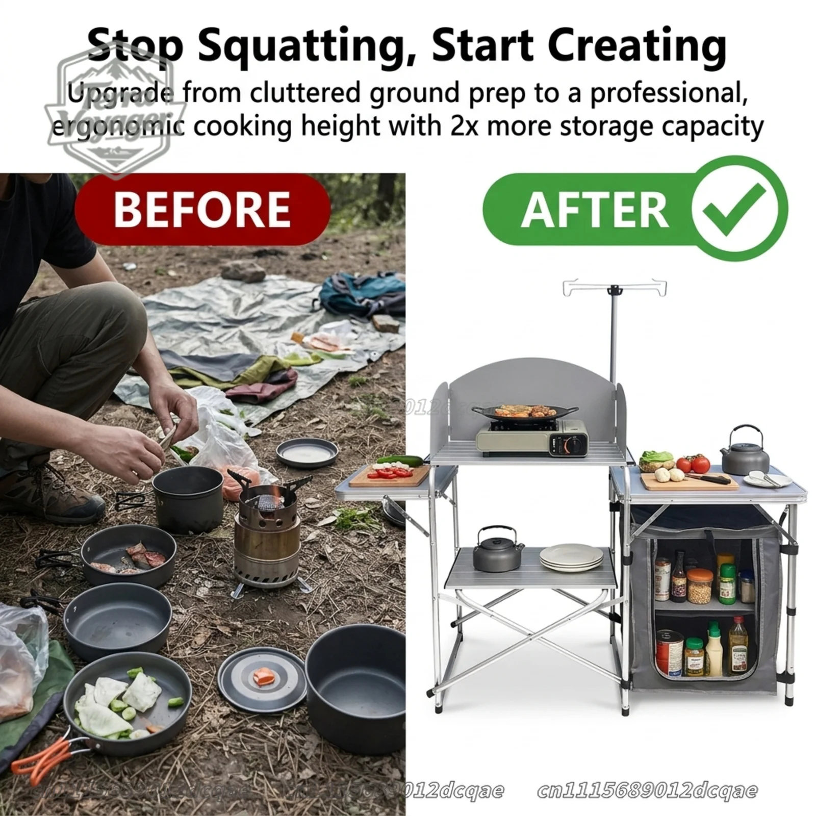 Portable Camping Kitchen Table with Windscreen and Storage Organizer, Folding Aluminum Outdoor Cooking Station with Light Pole