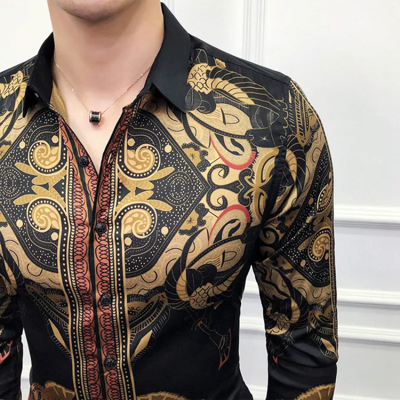 Plus Size 6XL-M 2022 Spring Gold Print Shirts Social Club Clothing Luxury Baroque Shirts Slim Long Sleeves Mens Designer Shirts