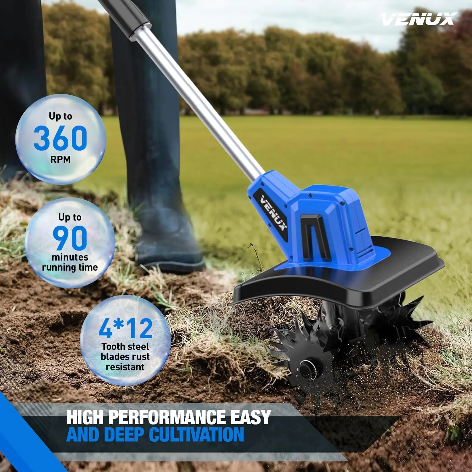 20V Cordless Tiller Cultivator Electric Garden Tiller- with 24 Steel Tines, 360RMP, 2 Batteries Included 1 * 4AH & 1 * 2AH