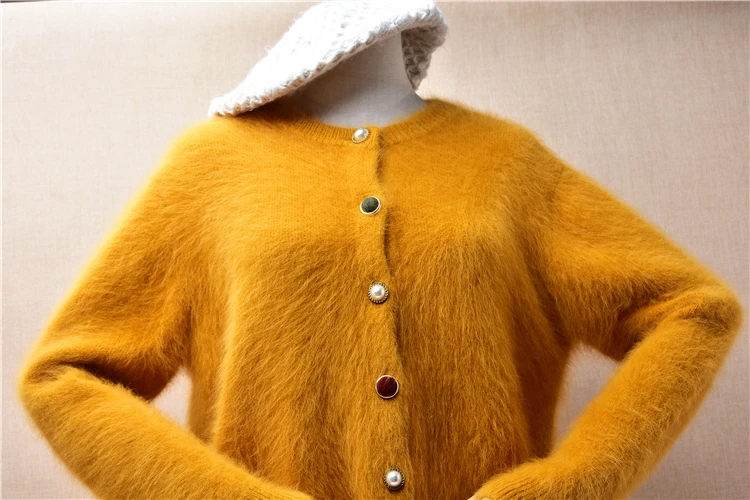 Female Women Fall Winter Clothing Yellow Hairy Angora Rabbit Hair Knitted Long Sleeves Short Style Slim Cardigans Jacket Sweater