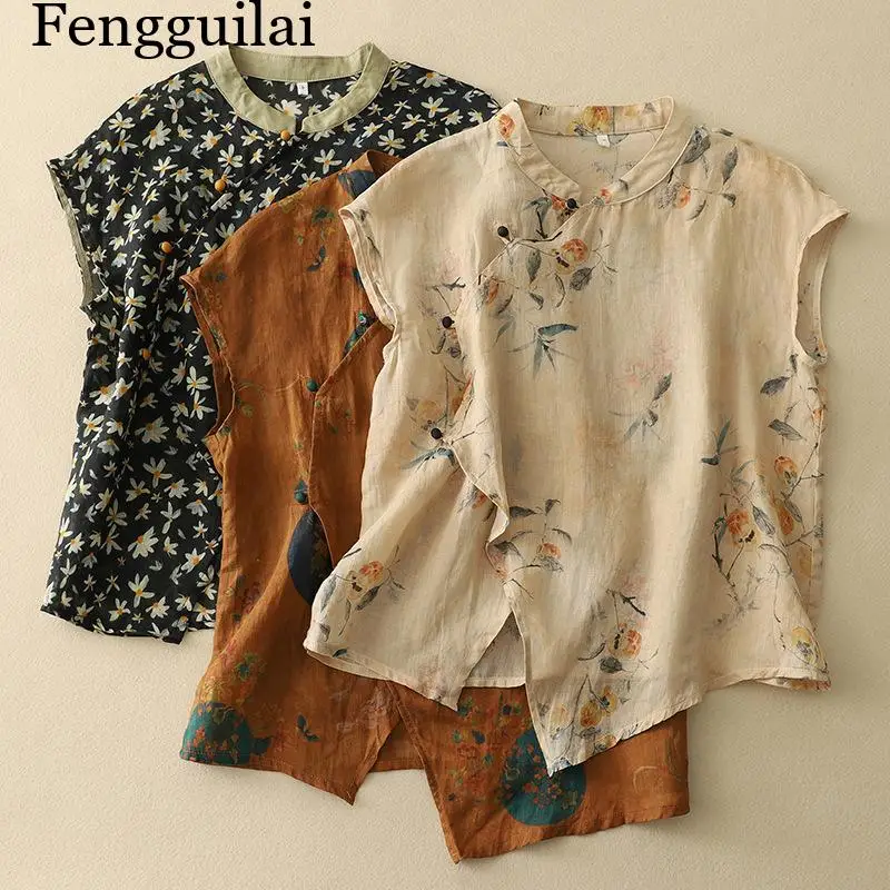 2026New Chinese-style slanted-collar improved frog-button sleeveless top with national style print, retro and artistic