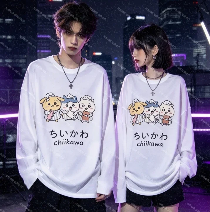 2027 Cute Chiikawa Usagi Hachiware Long‑Sleeve T‑Shirt Anime Cartoon Print White Loose Tops Casual Pullover Tee Men and Women