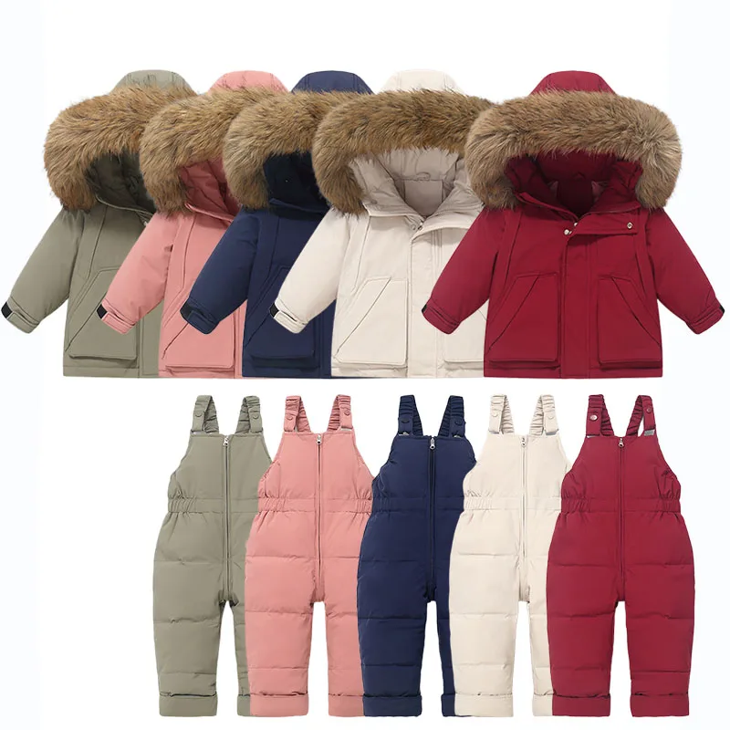Children Winte Warm Down Jacket + Jumpsuit Overall Suit Kids Solid Ski Suit Snowsuit Toddler Parka Clothing for 1-3Y