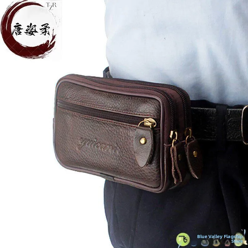 

Leather Belted Mobile Phone Bag for Elderly Men Horizontal Style Crossbody Bag Multifunctional Small Waist Bag Unisex