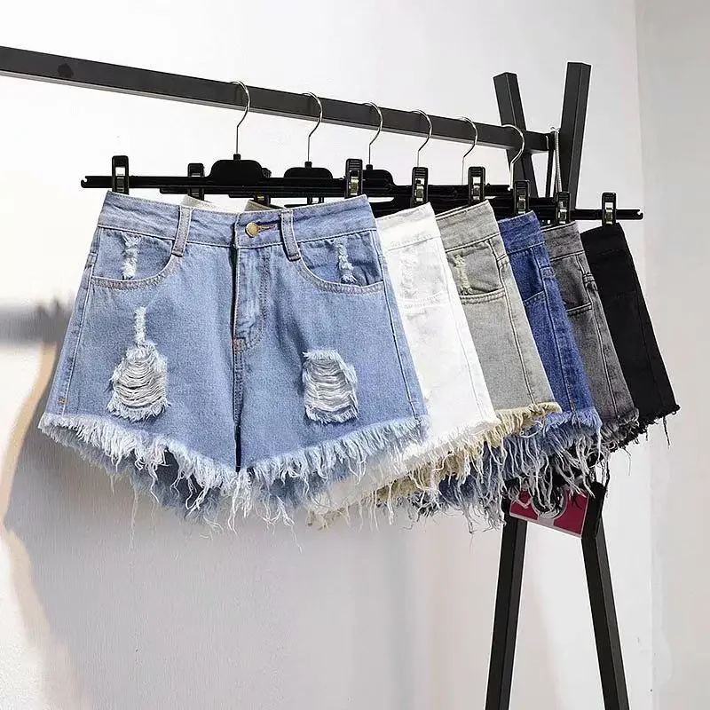 

Large Size Denim With Ruffled Shorts Women's Summer High Waisted Loose Hole Wide Leg Student A-line Hot Pants Basic Short Jeans