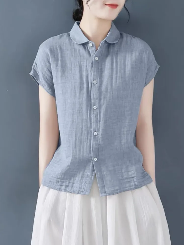 Summer Thin Cotton Linen Short Sleeve Shirt Women's Loose Fit Button up Top Cover up Shirt Vintage Style Dual Layer Collar