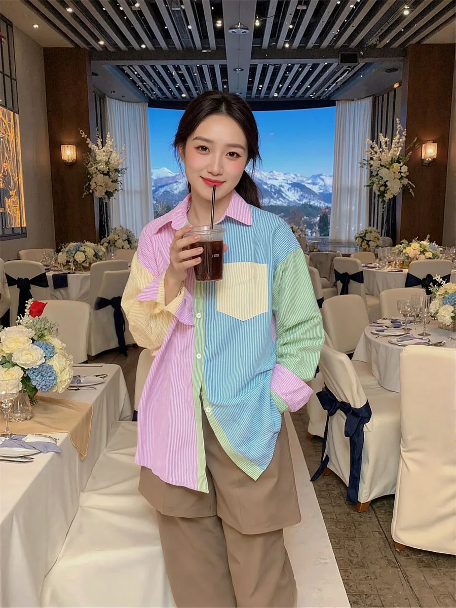 

Striped Patchwork Shirt for Women in Candy Colors with Lightweight Fabric Long Sleeves and a Chic Youthful Look Daily Wear