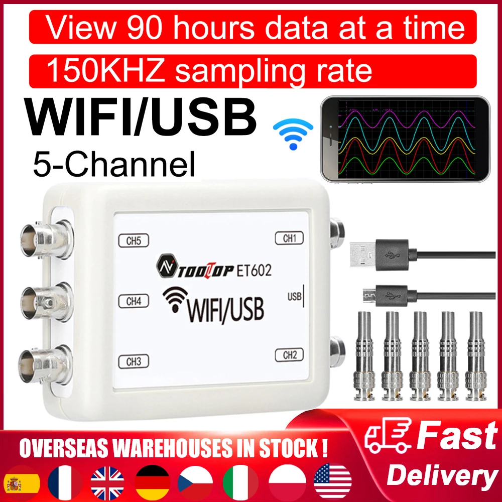 TOOLTOP ET602 WIFI Virtual Oscilloscope 5-channel 150kHz Sampling Rate Data Storage Recorder Spectrum Analysis USB Oscilloscope