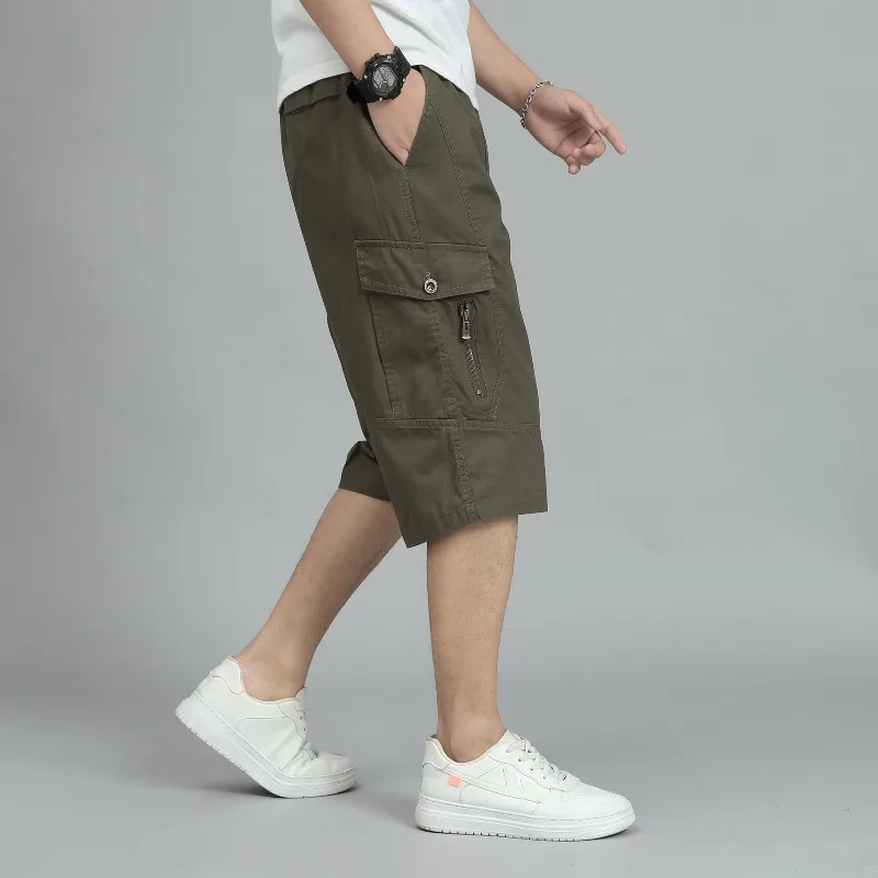 Summer Men's Solid Pockets with Elastic Button Zipper High Waisted Casual Sportswear Loose Trousers Preppy Style Formal Shorts