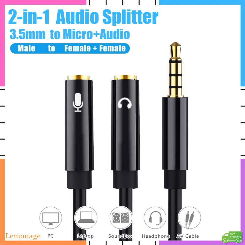 2 In 1 Audio 3.5mm Splitter Cable Male To 2 Female Jack Converter Adapter AUX Splitter Cable For Earphones PC Microphone