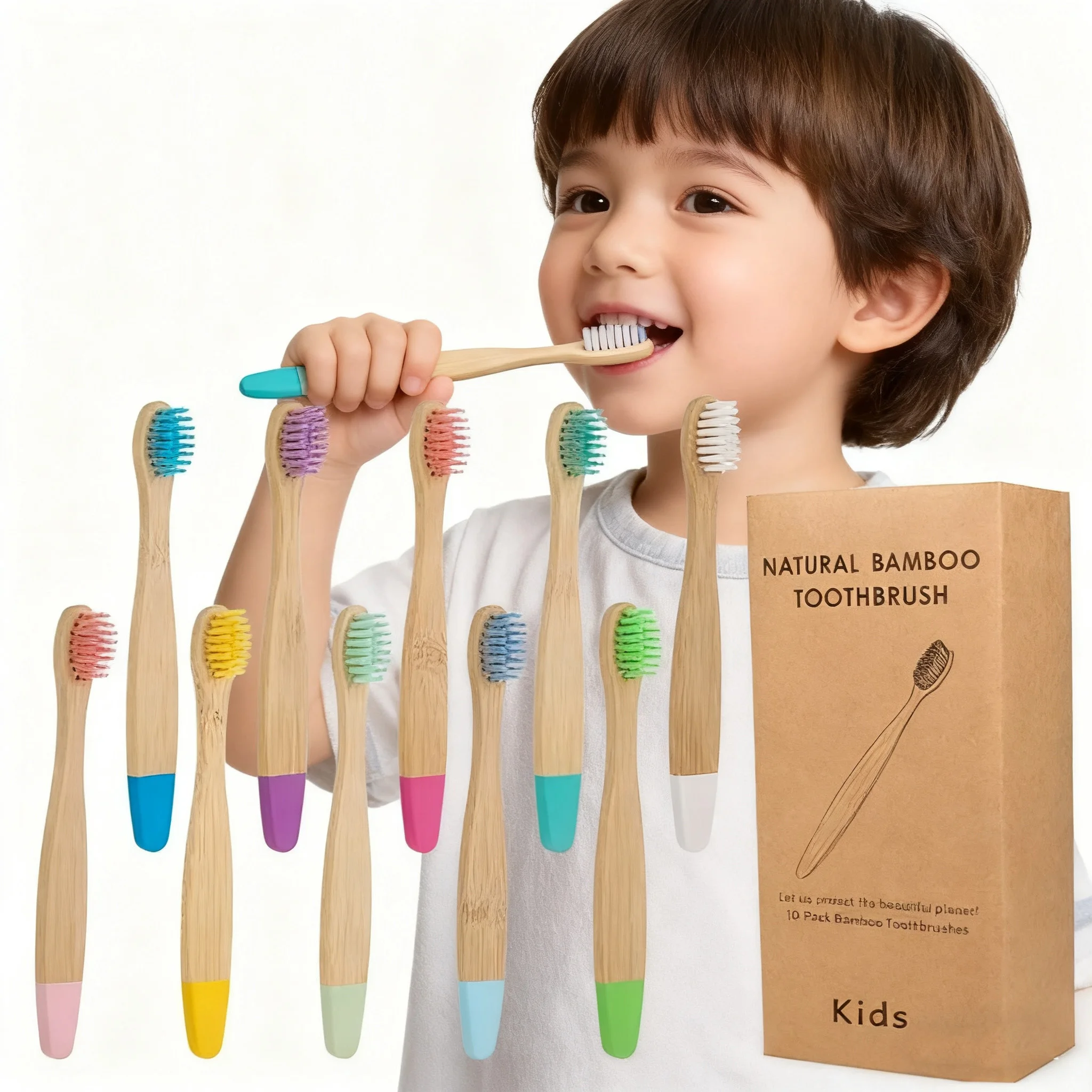 Nuevo cepillo de dientes de bambú ecológico orgánico para niños, paquete de 4, cerdas de fibra suave de diez colores, mango 100% biodegradable ecológico sin BPA
