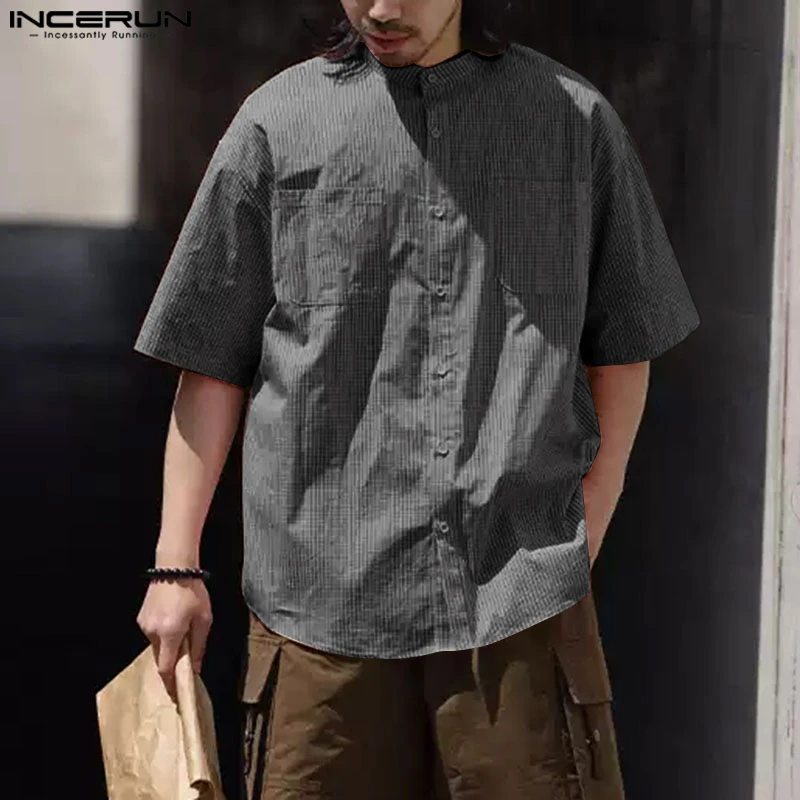

Men Plaid Shirt Stand Collar Short Sleeve Loose Casual Men Clothing Summer Pockets Streetwear 2025 Fashion Male Shirts INCERUN