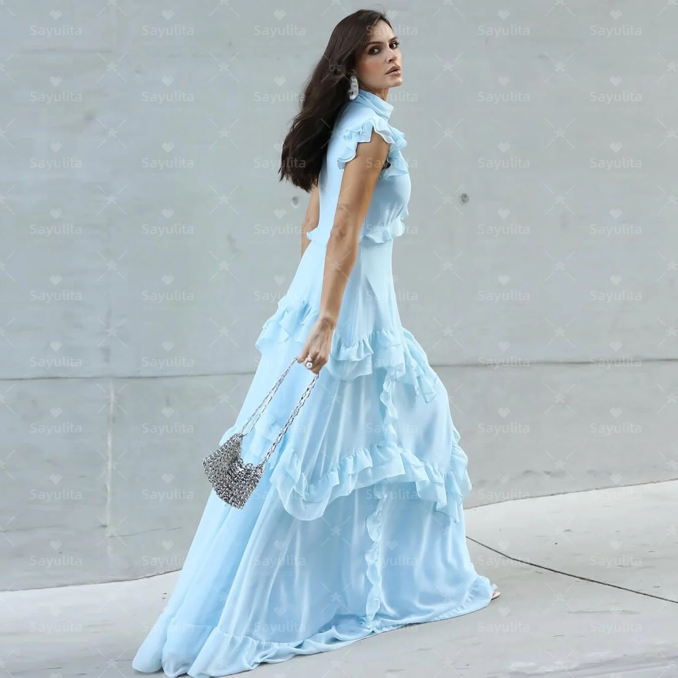 Sayulita High Collar Prom Dresses Saudi Women Wear Long Tiered Evening Party Dress Zipper Back Vestidos De Noches Customized